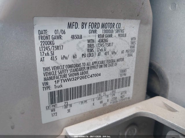 2006 Ford F-350 Lariat/xl/xlt მანქანა იყიდება აუქციონზე, vin: 1FTWW32P26EC47004, აუქციონის ნომერი: 45996174