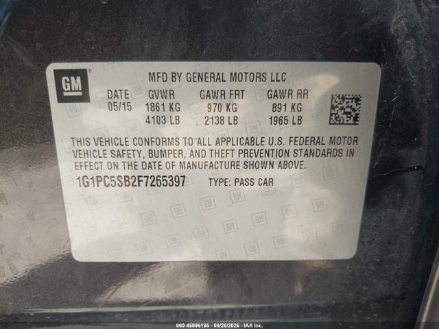 45996185 :رقم المزاد ، 1G1PC5SB2F7265397 vin ، 2015 Chevrolet Cruze 1lt Auto مزاد بيع