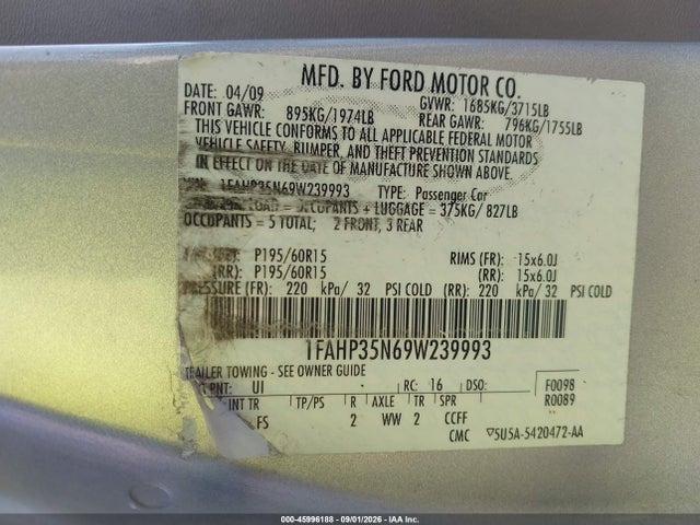 Aukcja sprzedaży 2009 Ford Focus Se, vin: 1FAHP35N69W239993, numer aukcji: 45996188