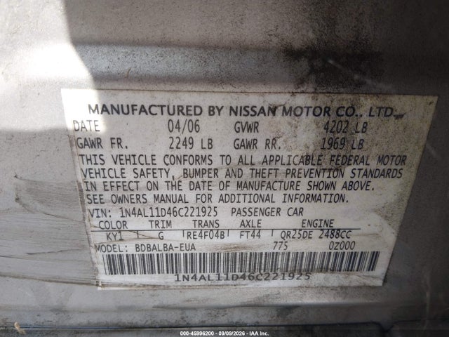 2006 Nissan Altima 2.5 S მანქანა იყიდება აუქციონზე, vin: 1N4AL11D46C221925, აუქციონის ნომერი: 45996200