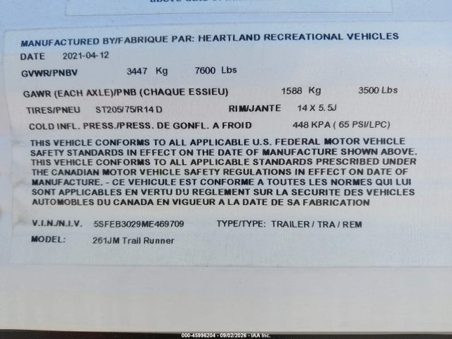 Продаж на аукціоні авто 2021 Heartland Trail Runner, vin: 5SFEB3029ME469709, номер лоту: 45996204