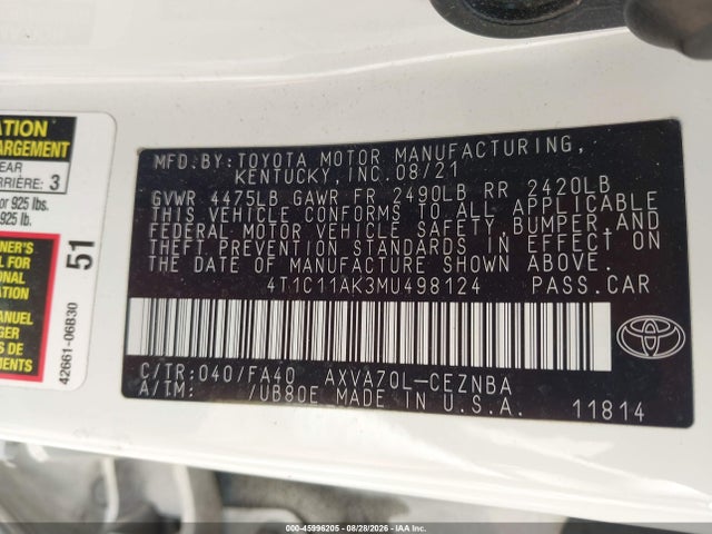 Auction sale of the 2021 Toyota Camry Le, vin: 4T1C11AK3MU498124, lot number: 45996205
