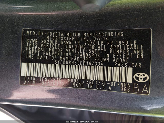 Aukcja sprzedaży 2014 Toyota Corolla Le, vin: 5YFBURHE8EP167334, numer aukcji: 45996206