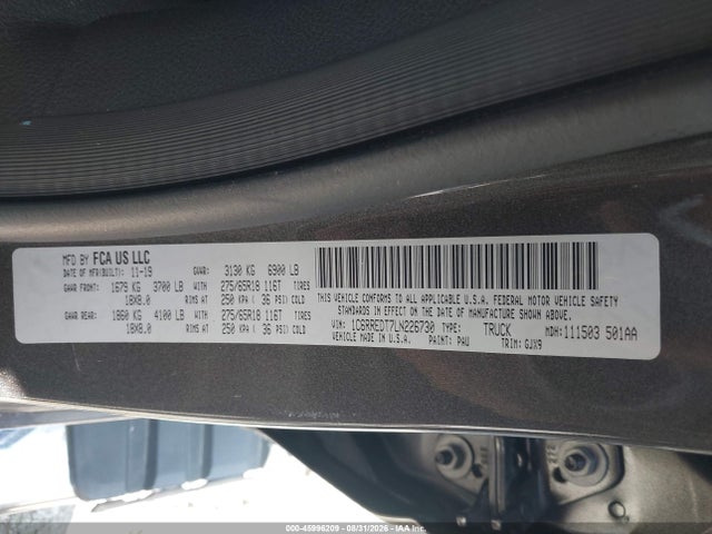 45996209 :رقم المزاد ، 1C6RREDT7LN226730 vin ، 2020 Ram 1500 Laramie  4x2 6'4 Box مزاد بيع