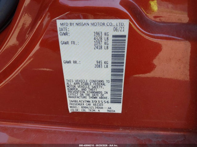 Продажа на аукционе авто 2021 Nissan Altima Sr Fwd, vin: 1N4BL4CV7MN393556, номер лота: 45996210
