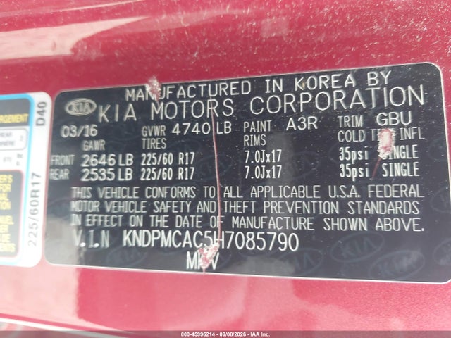 Aukcja sprzedaży 2017 Kia Sportage Lx, vin: KNDPMCAC5H7085790, numer aukcji: 45996214