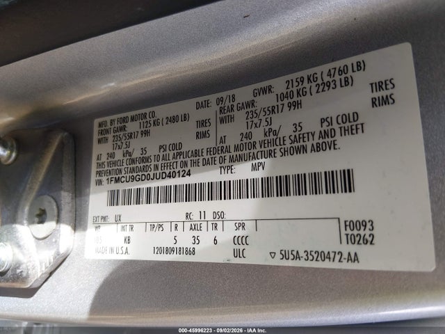 Продажа на аукционе авто 2018 Ford Escape Se, vin: 1FMCU9GD0JUD40124, номер лота: 45996223
