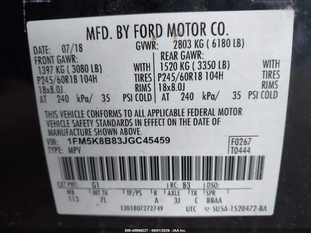 Продаж на аукціоні авто 2018 Ford Explorer, vin: 1FM5K8B83JGC45459, номер лоту: 45996227