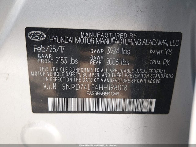 2017 Hyundai Elantra Se მანქანა იყიდება აუქციონზე, vin: 5NPD74LF4HH198018, აუქციონის ნომერი: 45996228