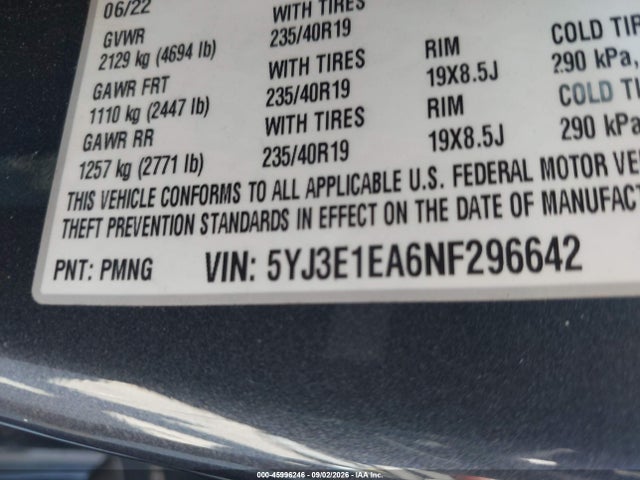 Продажа на аукционе авто 2022 Tesla Model 3 Rear-wheel Drive, vin: 5YJ3E1EA6NF296642, номер лота: 45996246