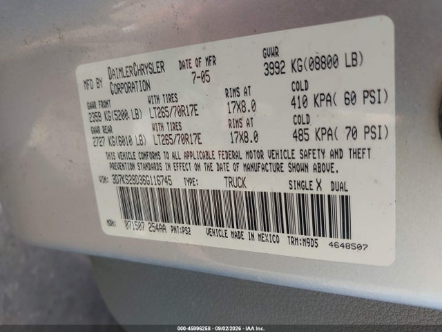 2006 Dodge Ram 2500 Slt/sport მანქანა იყიდება აუქციონზე, vin: 3D7KS28D36G116745, აუქციონის ნომერი: 45996258