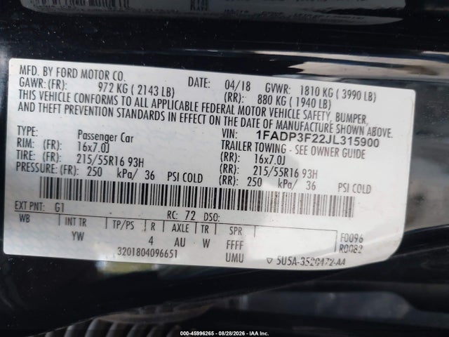 45996265 :رقم المزاد ، 1FADP3F22JL315900 vin ، 2018 Ford Focus Se مزاد بيع