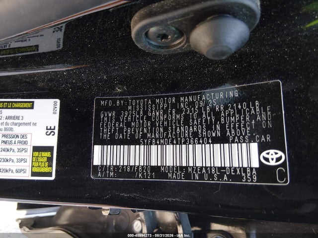 Продаж на аукціоні авто 2026 Toyota Corolla Le, vin: 5YFB4MDE4TP366404, номер лоту: 45996273
