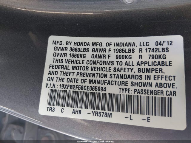 Aukcja sprzedaży 2012 Honda Civic Lx, vin: 19XFB2F58CE065094, numer aukcji: 45996277