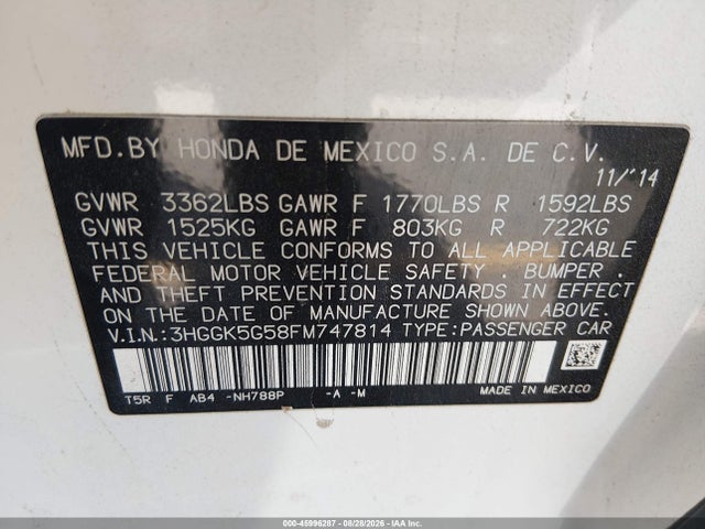 45996287 :رقم المزاد ، 3HGGK5G58FM747814 vin ، 2015 Honda Fit Lx مزاد بيع