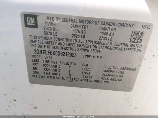 45996292 :رقم المزاد ، 2GNFLFEK0G6212923 vin ، 2016 Chevrolet Equinox Lt مزاد بيع