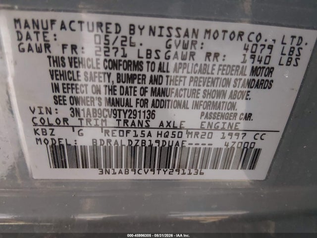Aukcja sprzedaży 2026 Nissan Sentra Sv, vin: 3N1AB9CV9TY291136, numer aukcji: 45996305