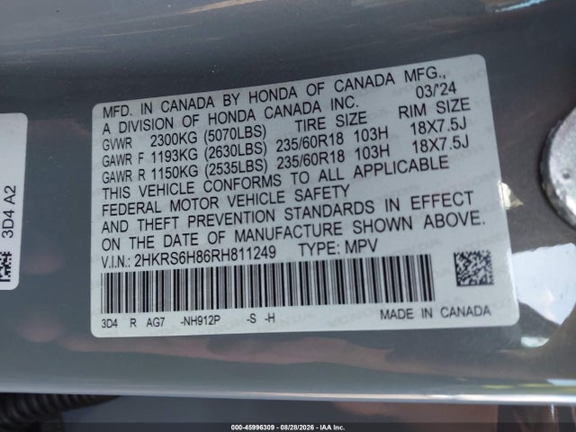 2024 Honda Cr-v Hybrid Sport-l მანქანა იყიდება აუქციონზე, vin: 2HKRS6H86RH811249, აუქციონის ნომერი: 45996309