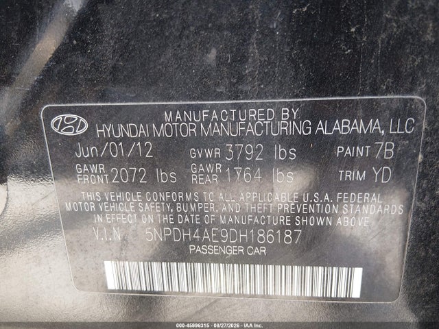 2013 Hyundai Elantra Gls მანქანა იყიდება აუქციონზე, vin: 5NPDH4AE9DH186187, აუქციონის ნომერი: 45996315