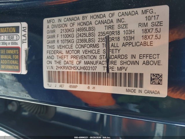 Auction sale of the 2018 Honda Cr-v Ex, vin: 2HKRW2H5XJH603107, lot number: 45996321