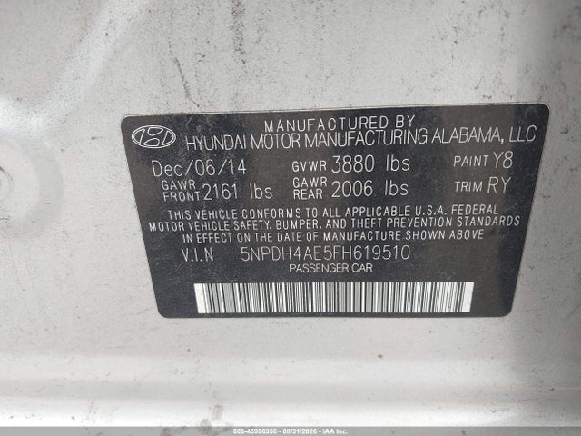 2015 Hyundai Elantra Se მანქანა იყიდება აუქციონზე, vin: 5NPDH4AE5FH619510, აუქციონის ნომერი: 45996358