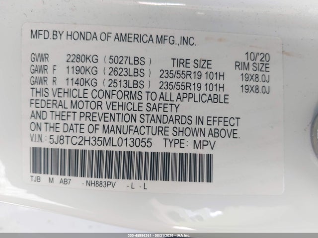 2021 Acura Rdx Standard მანქანა იყიდება აუქციონზე, vin: 5J8TC2H35ML013055, აუქციონის ნომერი: 45996361