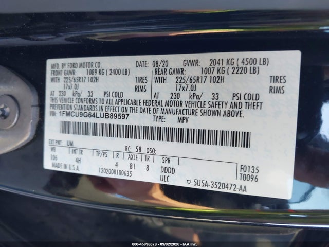 2020 Ford Escape Se მანქანა იყიდება აუქციონზე, vin: 1FMCU9G64LUB89597, აუქციონის ნომერი: 45996378