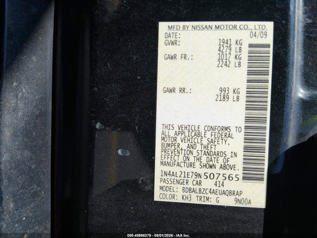 45996379 :رقم المزاد ، 1N4AL21E79N507565 vin ، 2009 Nissan Altima 2.5 S مزاد بيع