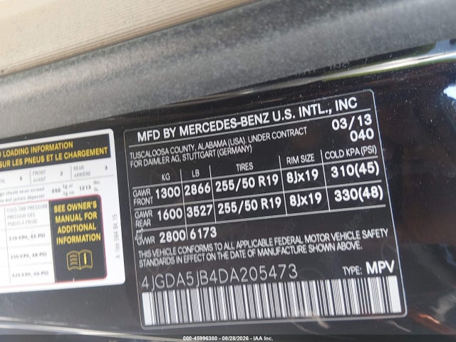 Aukcja sprzedaży 2013 Mercedes-benz Ml 350, vin: 4JGDA5JB4DA205473, numer aukcji: 45996380