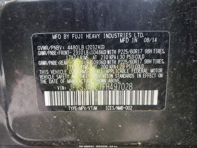 Aukcja sprzedaży 2015 Subaru Forester 2.5i, vin: JF2SJABC7FH497028, numer aukcji: 45996383