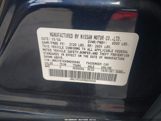 45996389 :رقم المزاد ، JNKCV51E65M205696 vin ، 2005 Infiniti G35 مزاد بيع