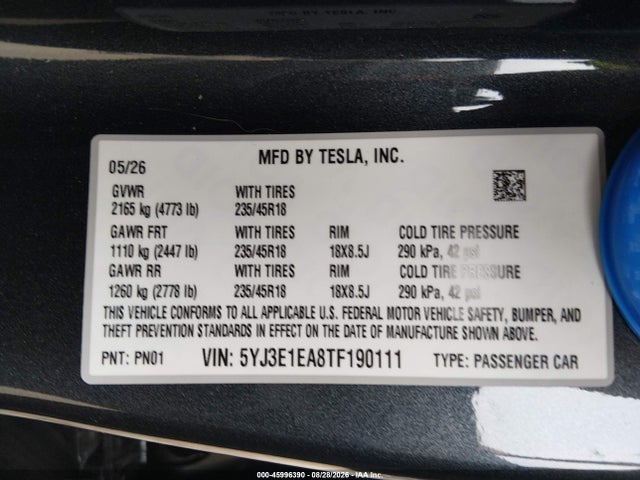 45996390 :رقم المزاد ، 5YJ3E1EA8TF190111 vin ، 2026 Tesla Model 3 Premium Rear-wheel Drive/rear-wheel Drive مزاد بيع