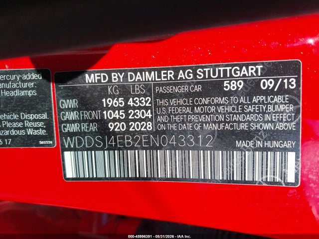 Aukcja sprzedaży 2014 Mercedes-benz Cla 250, vin: WDDSJ4EB2EN043312, numer aukcji: 45996391