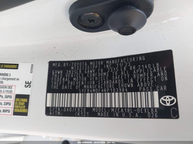 Продаж на аукціоні авто 2024 Toyota Corolla Le, vin: 5YFB4MDE4RP103984, номер лоту: 45996408