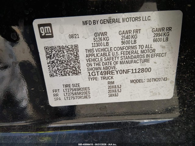 2022 Gmc Sierra 2500hd მანქანა იყიდება აუქციონზე, vin: 1GT49REY0NF112800, აუქციონის ნომერი: 45996418