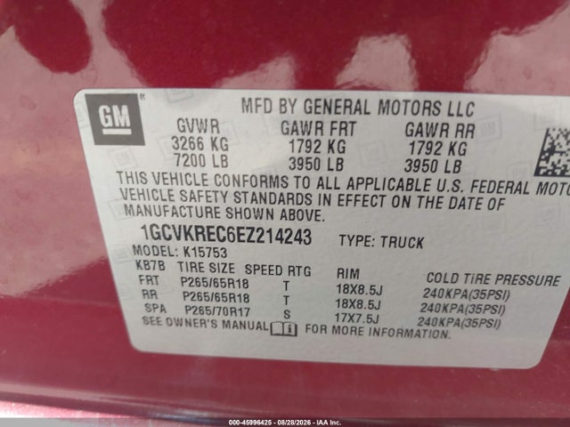 1GCVKREC6EZ214243 Chevrolet Silverado 1500 Lt