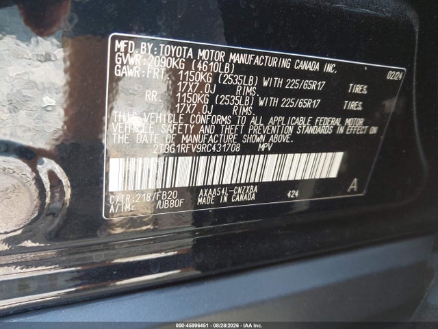 Aukcja sprzedaży 2024 Toyota Rav4 Le, vin: 2T3G1RFV9RC431708, numer aukcji: 45996451