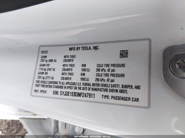 Aukcja sprzedaży 2022 Tesla Model 3 Long Range Dual Motor All-wheel Drive, vin: 5YJ3E1EB3NF247911, numer aukcji: 45996458