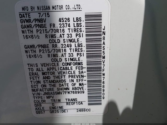 45996466 :رقم المزاد ، JN8AS5MV7FW768909 vin ، 2015 Nissan Rogue Select S مزاد بيع