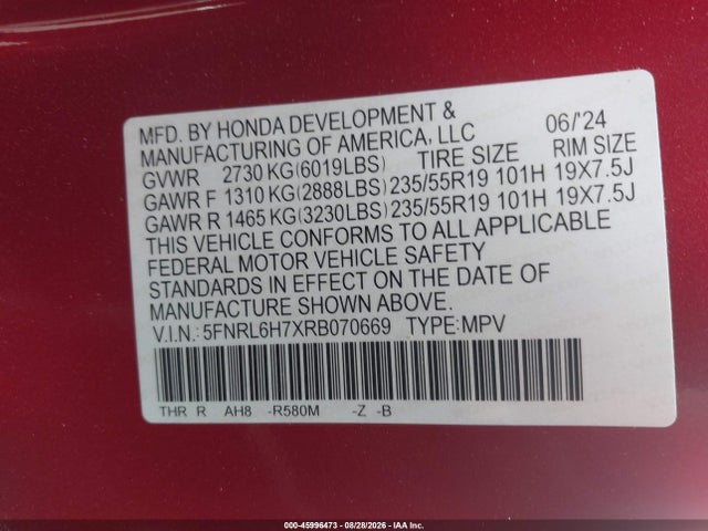 Honda Odyssey Sport 2024 5FNRL6H7XRB070669 Image 9