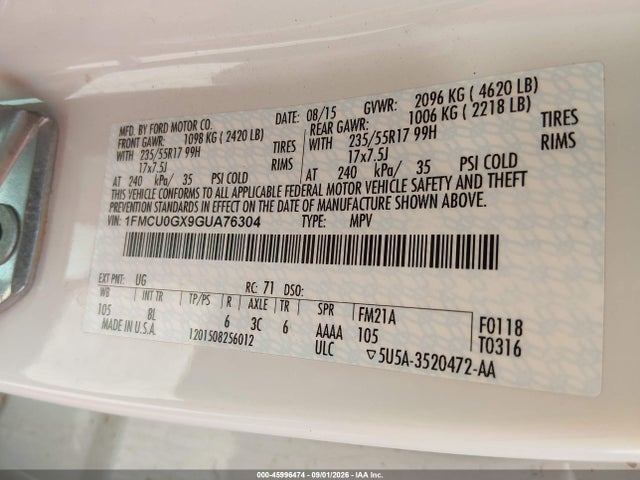 45996474 :رقم المزاد ، 1FMCU0GX9GUA76304 vin ، 2016 Ford Escape Se مزاد بيع
