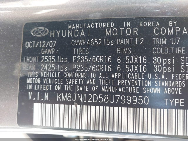 Продаж на аукціоні авто 2008 Hyundai Tucson Limited V6/se, vin: KM8JN12D58U799950, номер лоту: 45996476