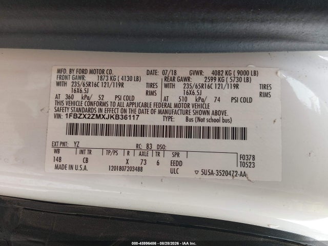 Продаж на аукціоні авто 2018 Ford Transit-350 Xl, vin: 1FBZX2ZMXJKB36117, номер лоту: 45996486