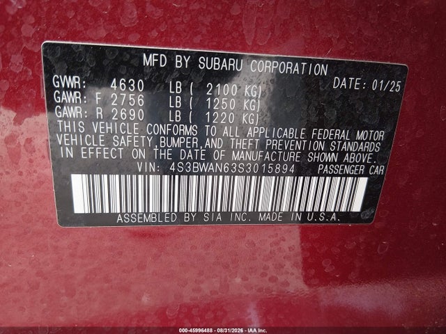 2025 Subaru Legacy Limited მანქანა იყიდება აუქციონზე, vin: 4S3BWAN63S3015894, აუქციონის ნომერი: 45996488