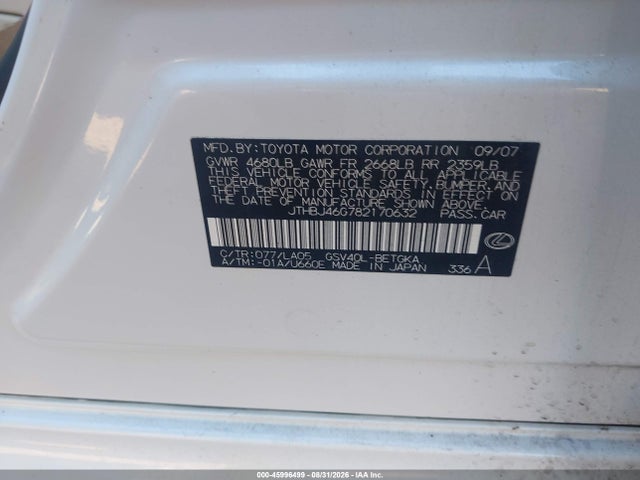 Продажа на аукционе авто 2008 Lexus Es 350, vin: JTHBJ46G782170632, номер лота: 45996499