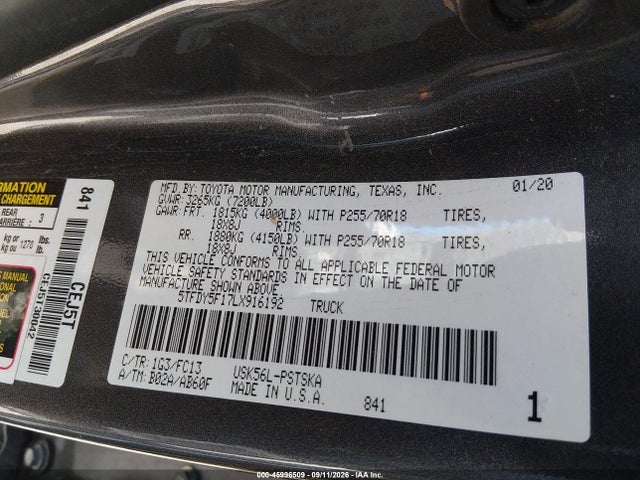 2020 Toyota Tundra Sr5 მანქანა იყიდება აუქციონზე, vin: 5TFDY5F17LX916192, აუქციონის ნომერი: 45996509