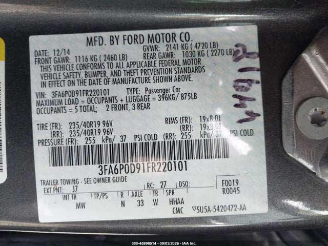 Продаж на аукціоні авто 2015 Ford Fusion Titanium, vin: 3FA6P0D91FR220101, номер лоту: 45996514