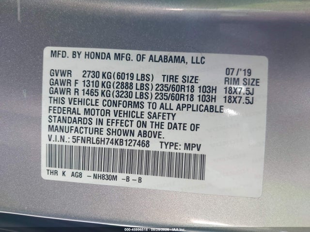 Honda Odyssey Ex-l 2019 5FNRL6H74KB127468 Image 9