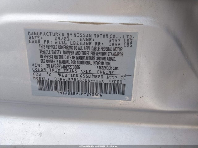Aukcja sprzedaży 2021 Nissan Sentra S Xtronic Cvt, vin: 3N1AB8BV4MY270806, numer aukcji: 45996534
