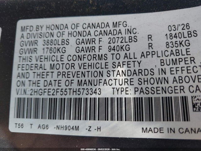 Продажа на аукционе авто 2026 Honda Civic Sport, vin: 2HGFE2F55TH573343, номер лота: 45996536